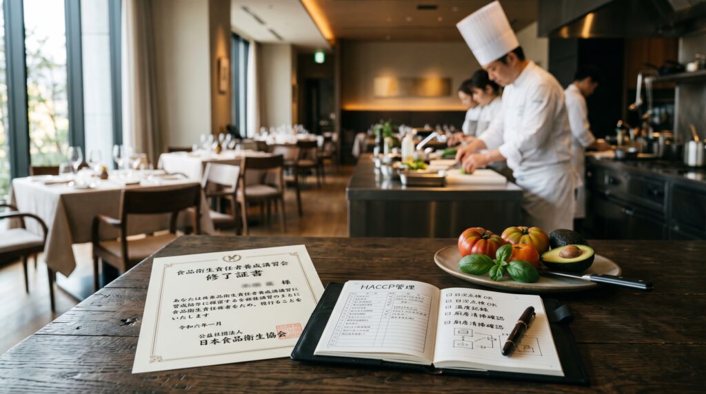 高級レストランのテーブルに置かれた食品衛生責任者講習修了証書とHACCP管理手帳の様子