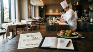 高級レストランのテーブルに置かれた食品衛生責任者講習修了証書とHACCP管理手帳の様子