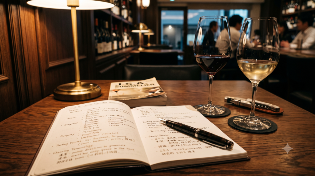 ソムリエ・きき酒師のおすすめ資格比較まとめ 1 落ち着いた照明のワインバーのテーブルで、開かれたノート、万年筆、グラスに入った赤ワインと白ワイン、そして奥にある「J.S.A. SOMMELIER」の教本が並んでいる、試験勉強の様子。