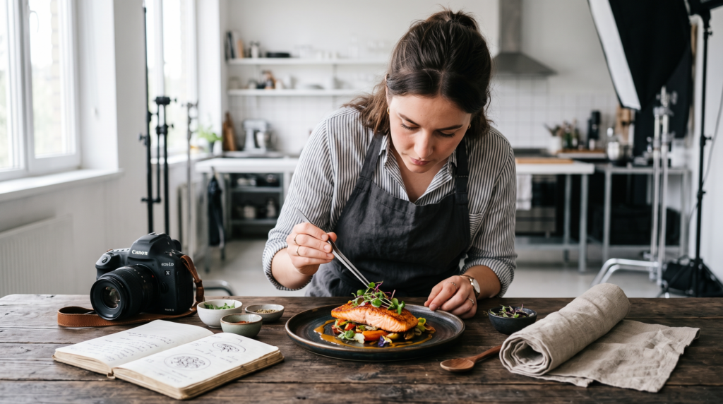 明るいフォトスタジオでサーモン料理の皿にピンセットでマイクログリーンを飾る女性フードコーディネーター。テーブルにはカメラやスケッチブックが並ぶ。