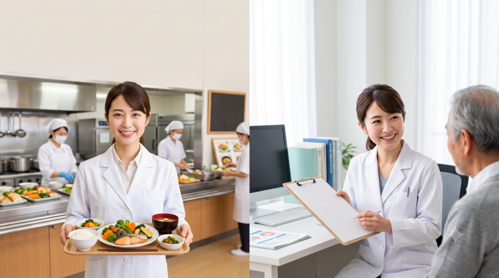管理栄養士の仕事内容を表現した2分割画像。左側は、白衣姿で笑顔の管理栄養士が給食室で栄養バランスの取れた鮭定食を提供しているシーン。背景には調理スタッフが働く姿。右側は、クリニックの診察室で高齢男性にカルテを使いながら個別栄養指導を行う管理栄養士。HACCPや病院での役割を網羅。