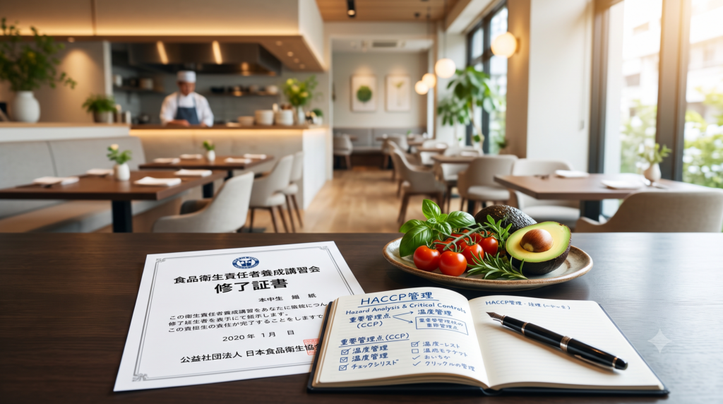 明るく清潔感のあるレストランのテーブルに置かれた食品衛生責任者養成講習会の修了証書と、HACCP管理のメモが書かれたノート、万年筆、新鮮な野菜