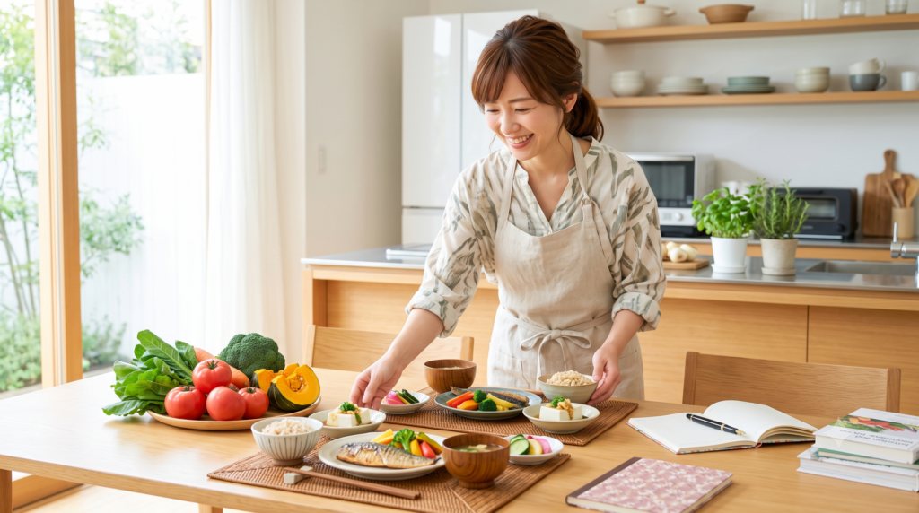 食生活アドバイザーの役割を表現したアイキャッチ画像。明るいダイニングキッチンで、エプロン姿の女性が笑顔で色鮮やかな野菜（トマト、カボチャ）とバランスの取れた和食の献立（一汁三菜）の食卓を整える。テーブル上には学習を象徴するノートとペンがあり、資格取得や知識の実践をイメージ。難易度、独学方法、仕事内容を解説。