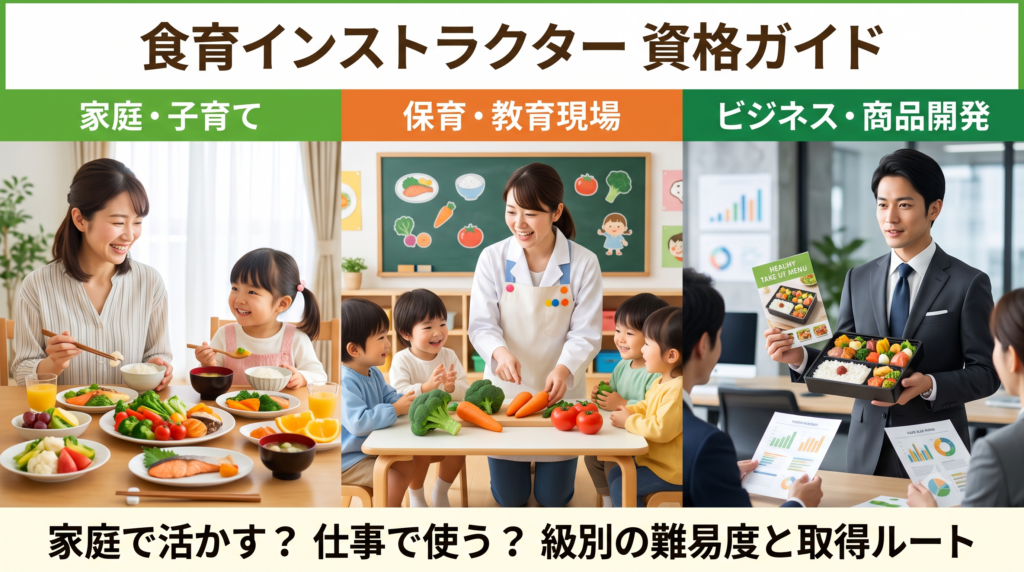 食育インストラクター資格の活用法を表現した3分割画像。左側は、笑顔の親子が彩り豊かなバランスの良い家庭料理を囲むシーン。中央は、エプロン姿の保育士が幼稚園児に野菜（ブロッコリーや人参）について楽しく教えているシーン。右側は、ビジネススーツ姿の男性が健康的な弁当やテイクアウトメニューを持ち、オフィスでプレゼンしているシーン。家庭、保育・教育現場、ビジネスでの仕事内容を網羅。